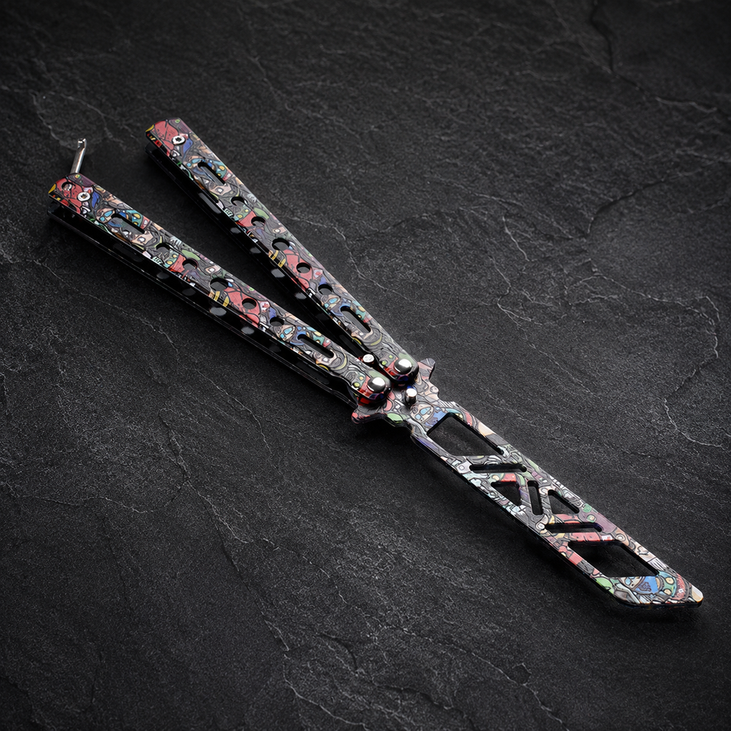 Colorful Graffiti Balisong Style Collectible, Butterfly Folding Display Piece, Cutout Metal Design with Street Art Pattern