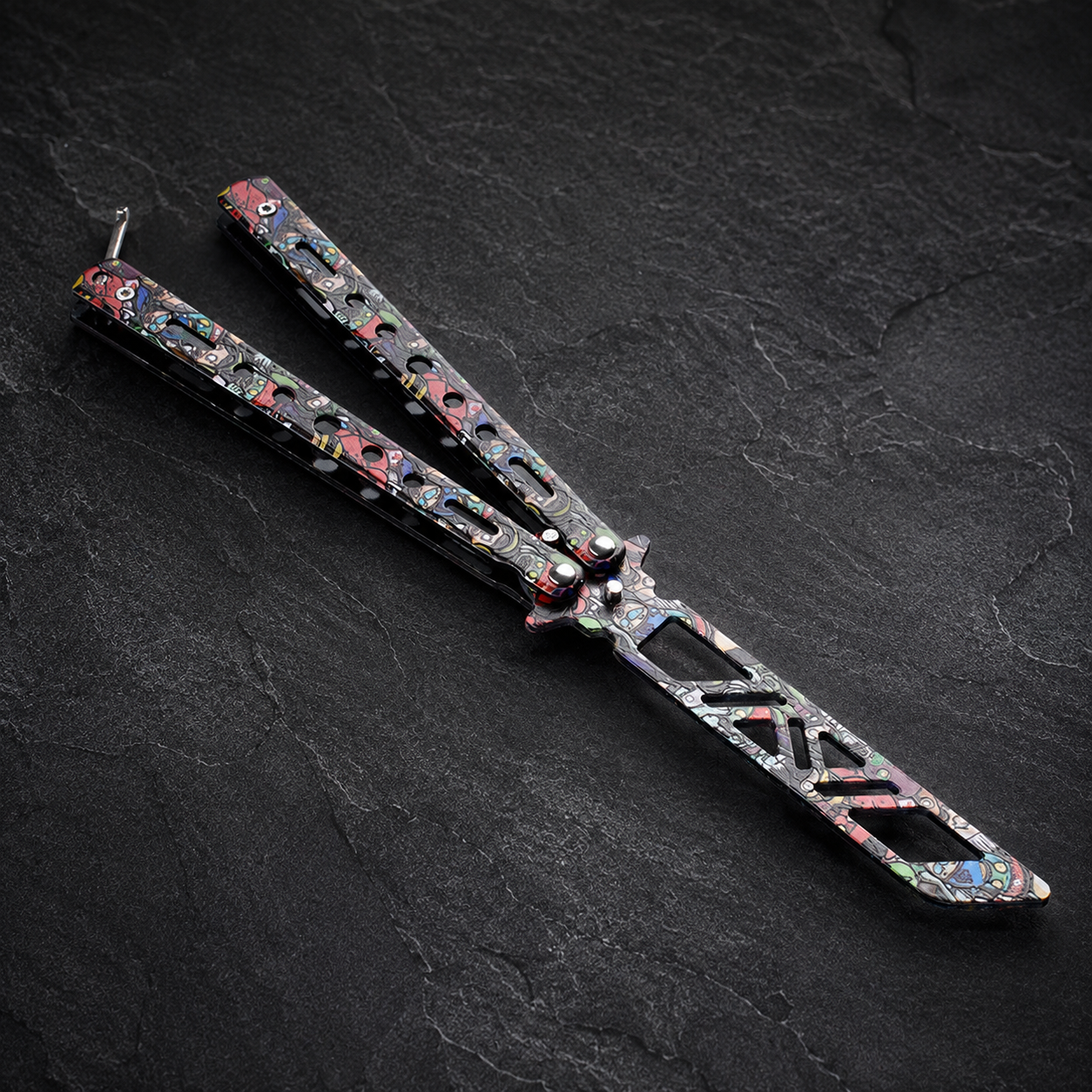 Colorful Graffiti Balisong Style Collectible, Butterfly Folding Display Piece, Cutout Metal Design with Street Art Pattern