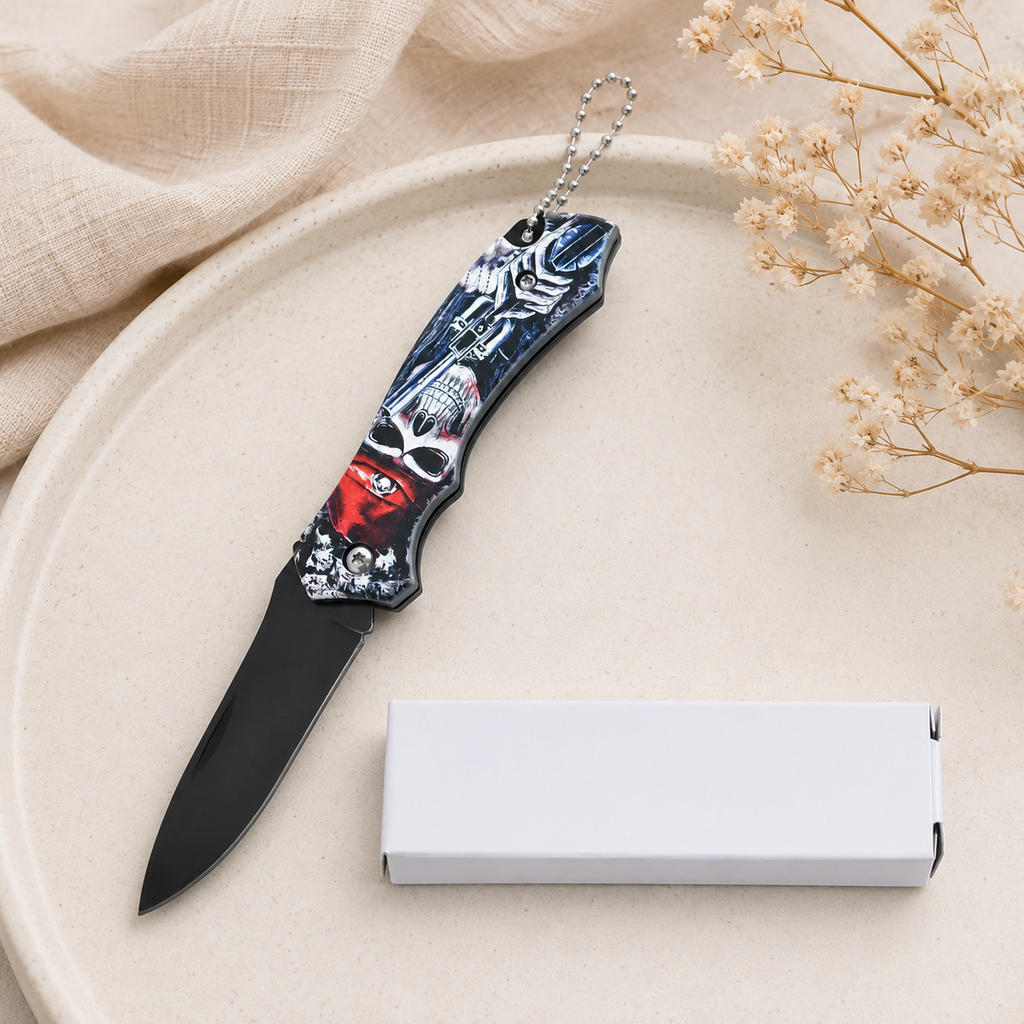 Gothic Skull Graphic Folding Pocket Knife with Black Blade & Keychain – Dark Fantasy Collector Gift