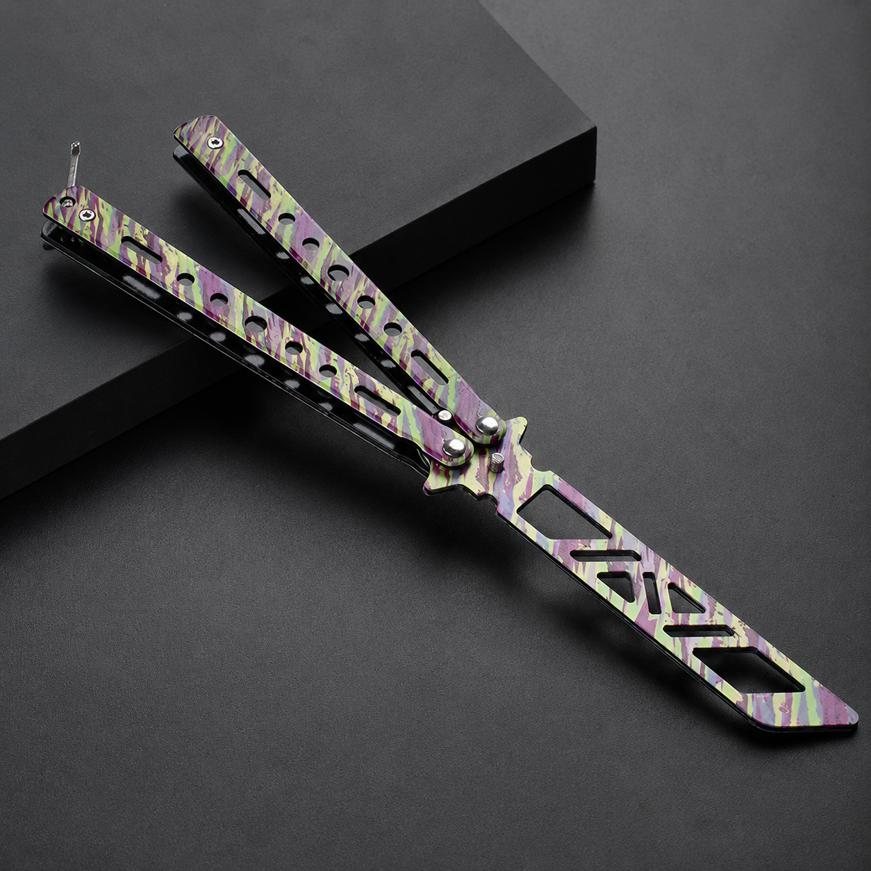 Pastel Camo Balisong Style Collectible, Butterfly Folding Design, Colorful Metal Display Piece with Cutout Blade Look
