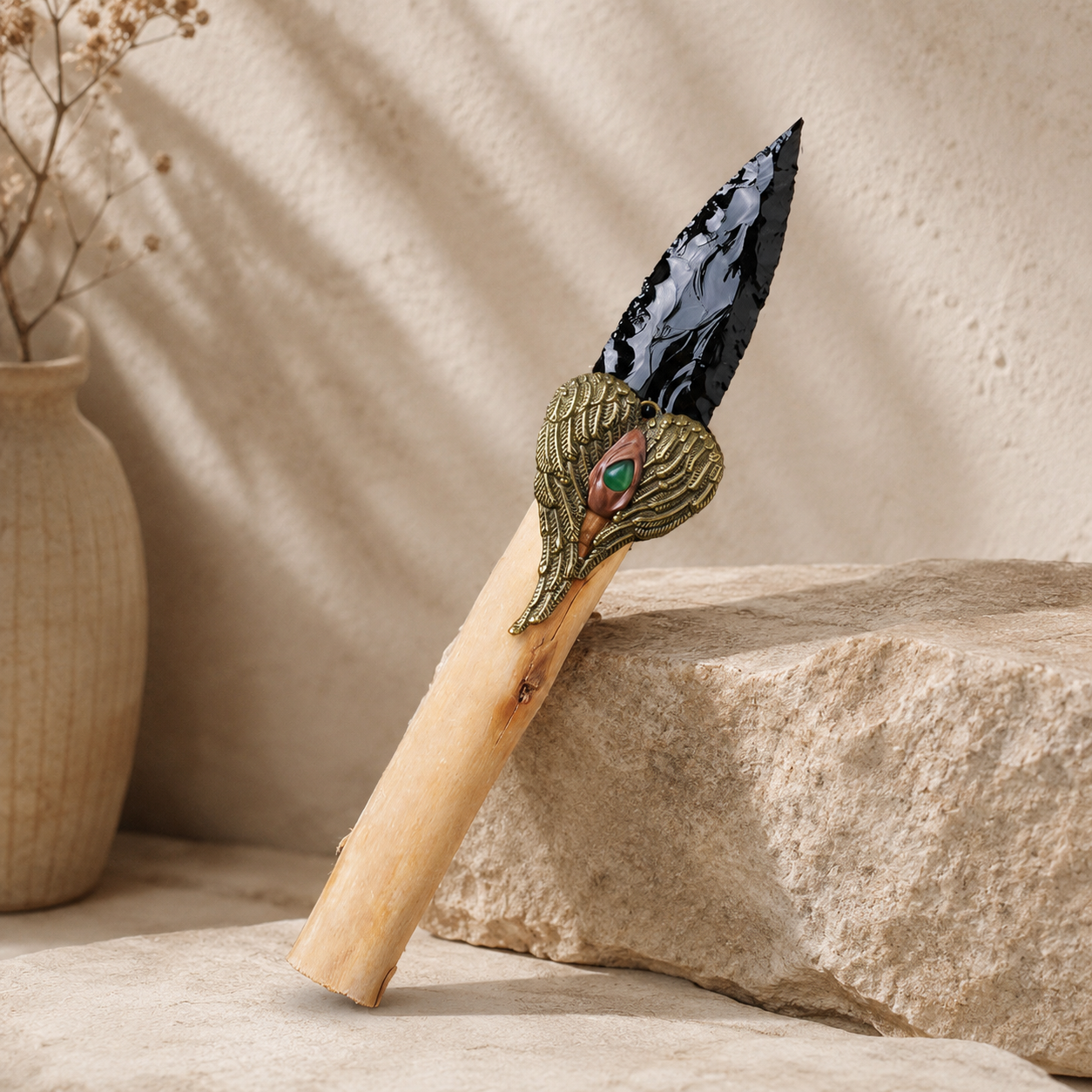 Large Black Obsidian Arrowhead Carving with Wooden Handle, Antique Alloy Wing Ornament, Rustic Crystal Display and Collector Gift