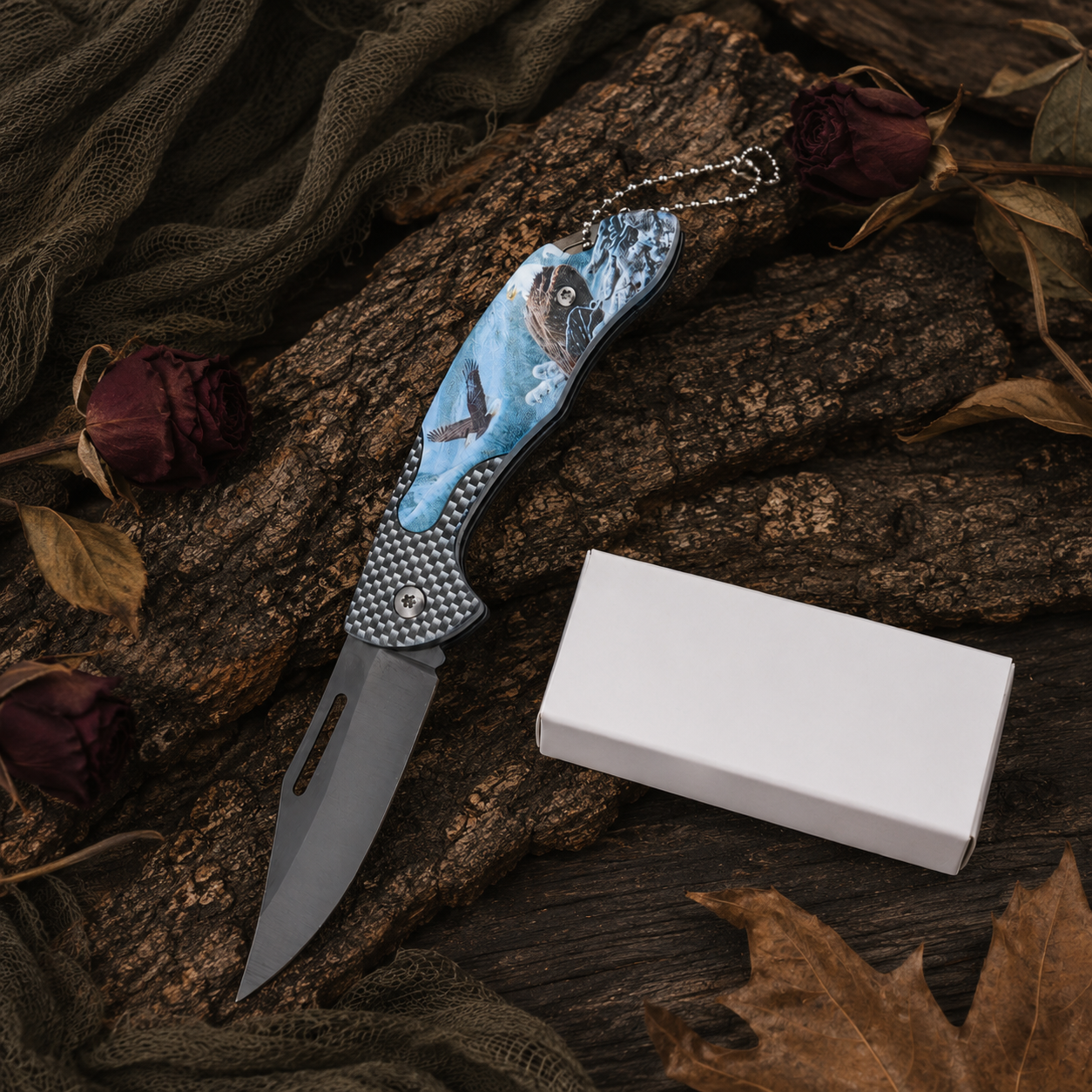 Blue Eagle Graphic Folding Pocket Knife with Gray Blade & Keychain – Outdoor Collector Gift