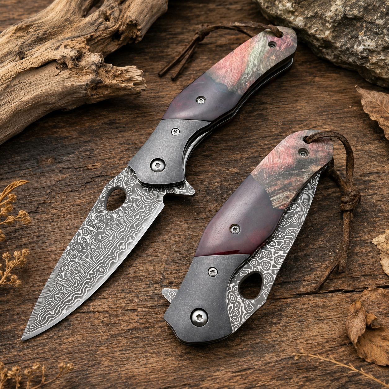 Natural Cow Bone Handle Damascus-Pattern Folding Pocket Knife with Leather Lanyard – Rustic Collector Gift