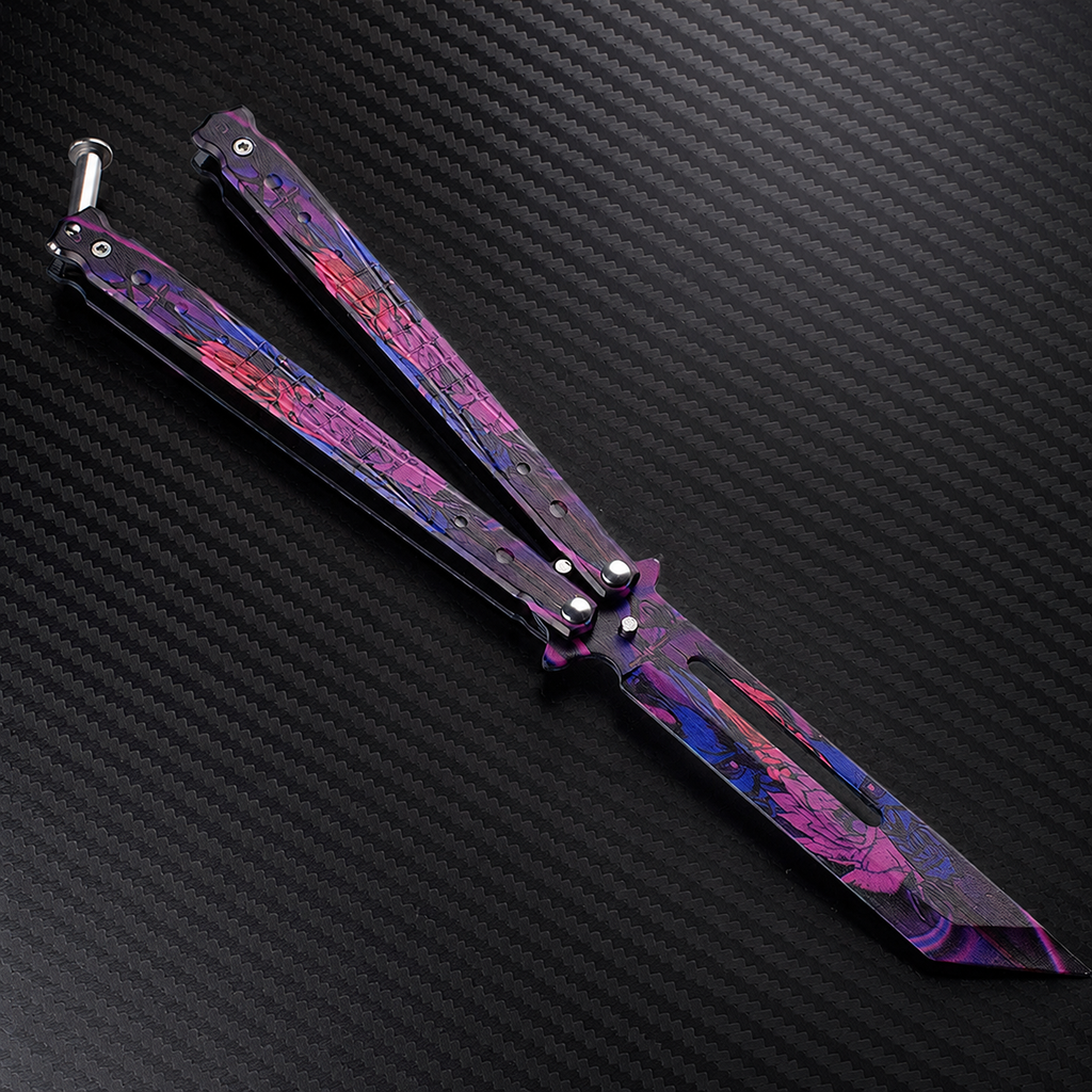 Purple Floral Cyber Balisong Style Collectible, Black Pink Butterfly Design, Futuristic Metal Display Piece