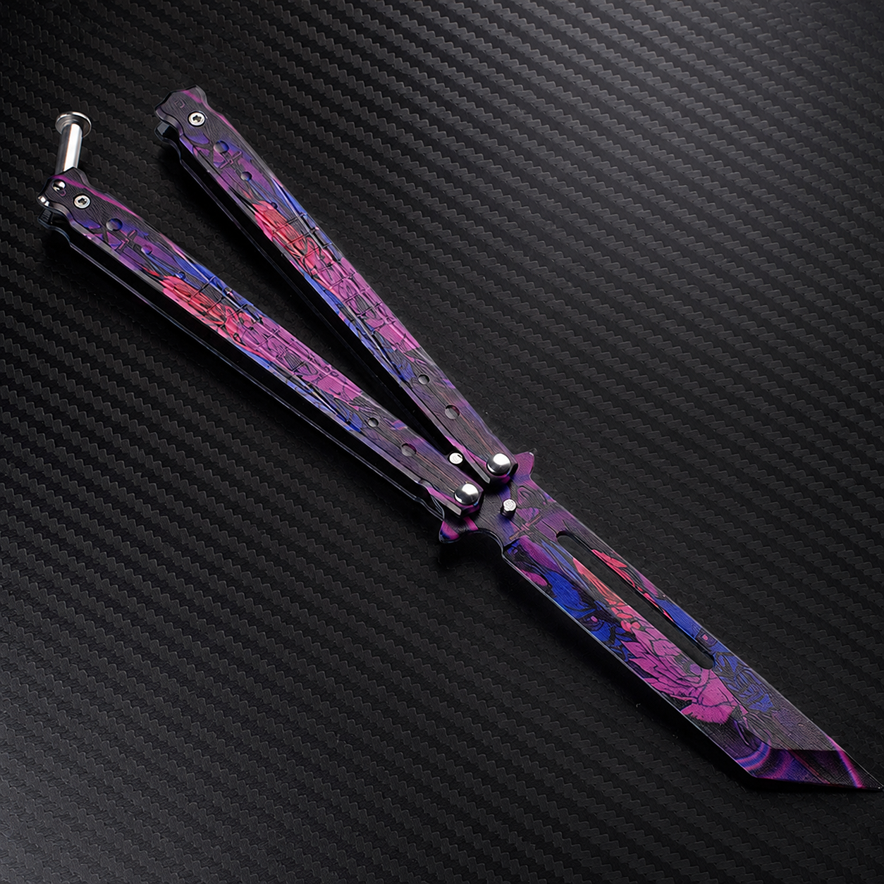 Purple Floral Cyber Balisong Style Collectible, Black Pink Butterfly Design, Futuristic Metal Display Piece