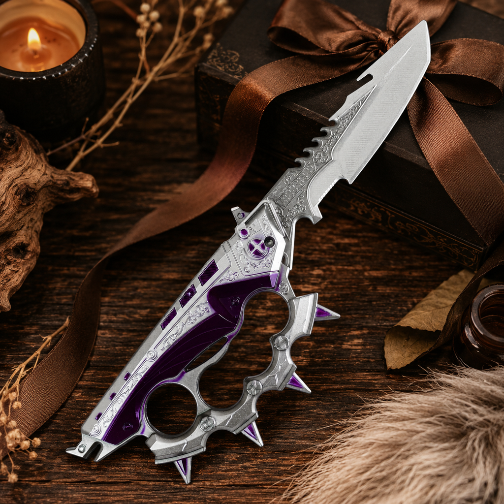 Purple & Silver Fantasy Folding Knife with Ornate Blade and Knuckle-Guard Handle – Gothic Collector Gift