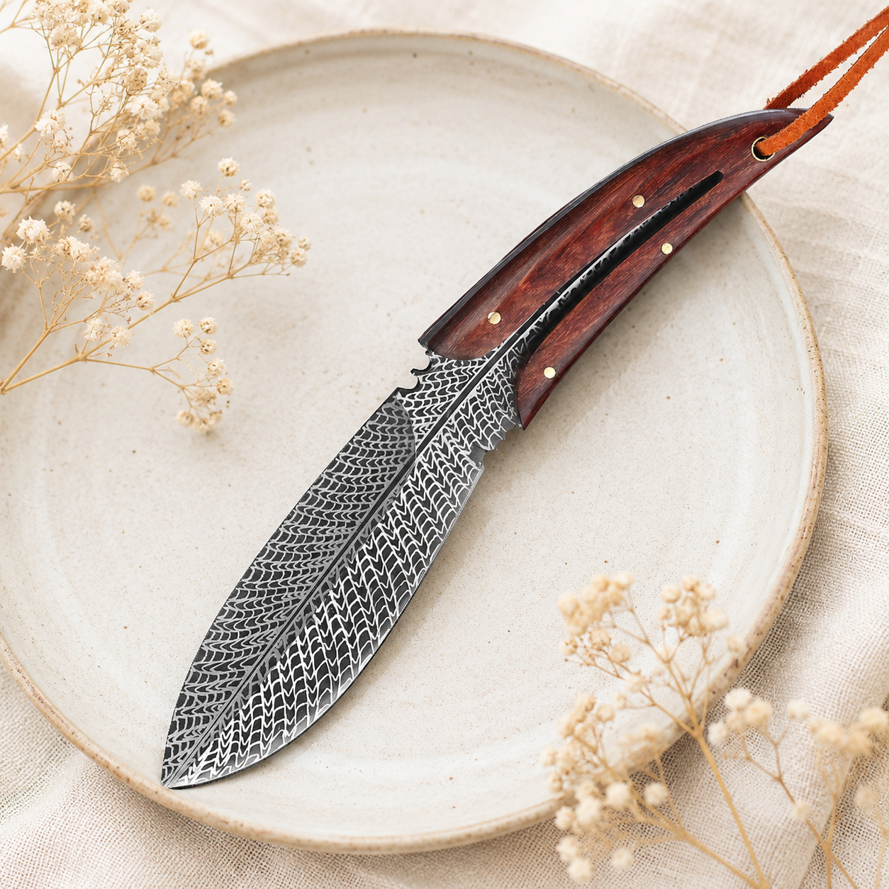 Damascus-Pattern Fixed Blade Knife with Red Wood Handle & Leather Lanyard – Rustic Outdoor Collector Gift