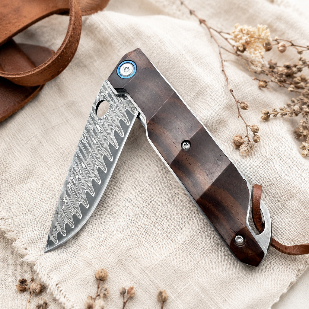 Damascus-Pattern Folding Pocket Knife with Dark Wood Handle, Blue Pivot Accent and Leather Lanyard – Rustic Collector Gift